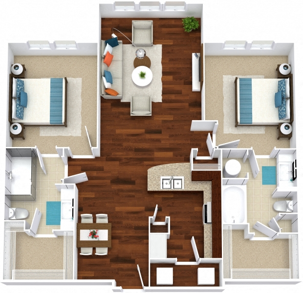 Floor plan for 2 beds, 2 baths, 1135 sqft